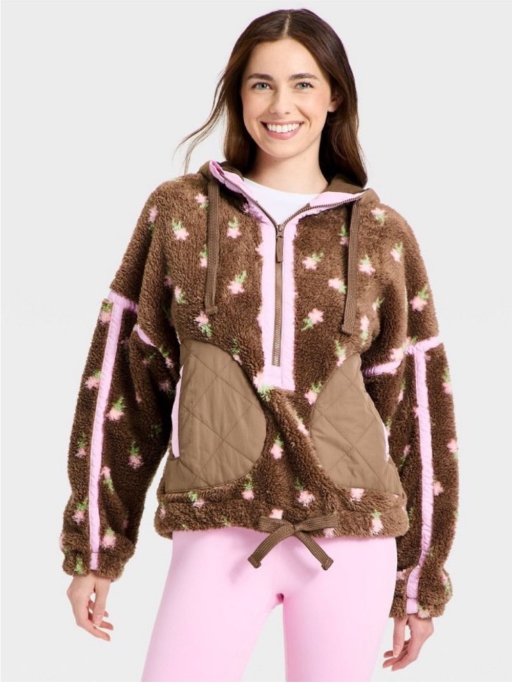 Joylab brown floral  Brown & Pink Sherpa Hoodie Jacket - Picture 2 of 7